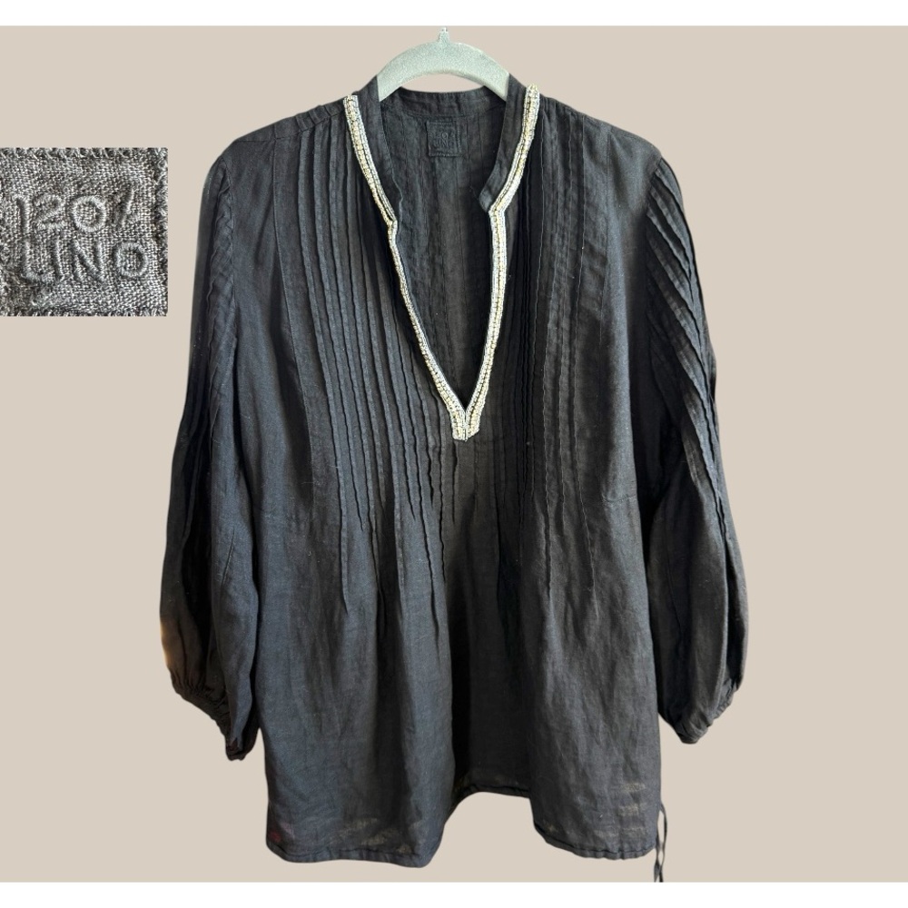 Linen Pintuck Tunic with Embroidered V-Neck - Black